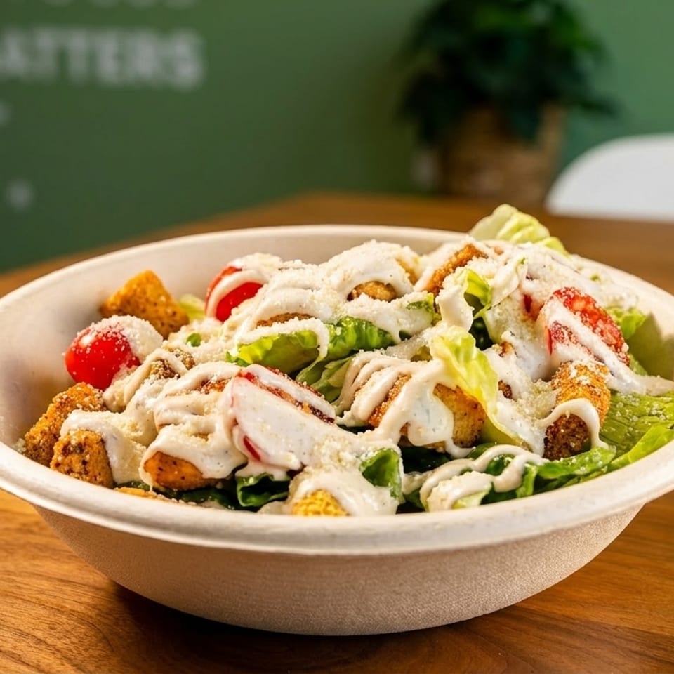 A fresh salad with lettuce, cherry tomatoes, croutons, and white dressing in a bowl.