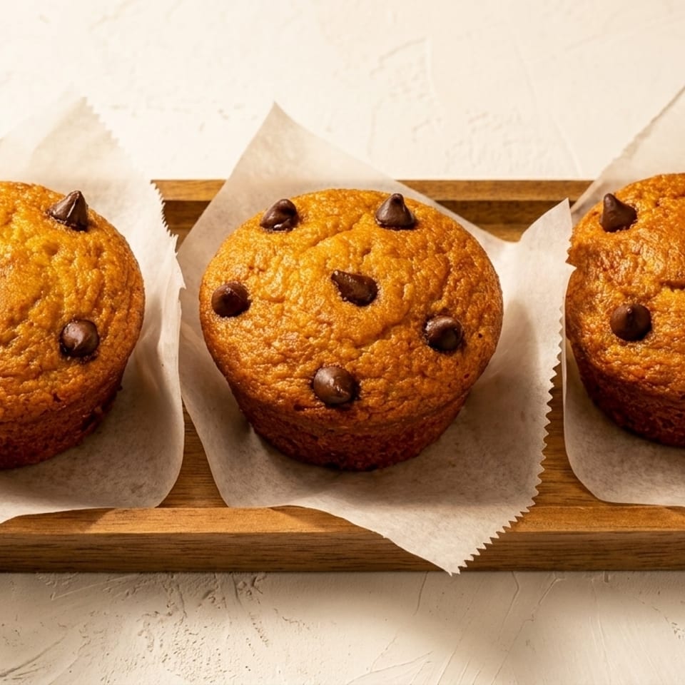 Three golden-brown chocolate chip muffins in white paper liners on a wooden tray.