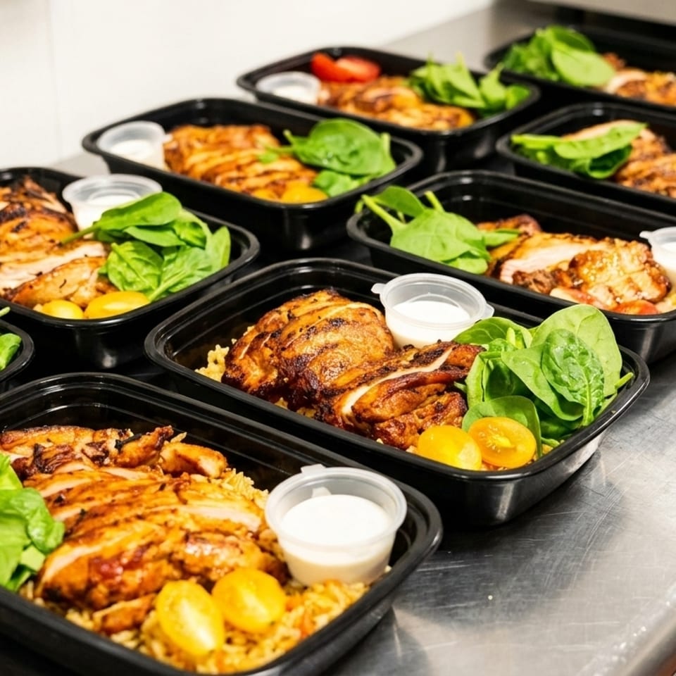 Rows of prepared meal prep containers with grilled chicken, rice, spinach, and tomatoes on a metal counter.