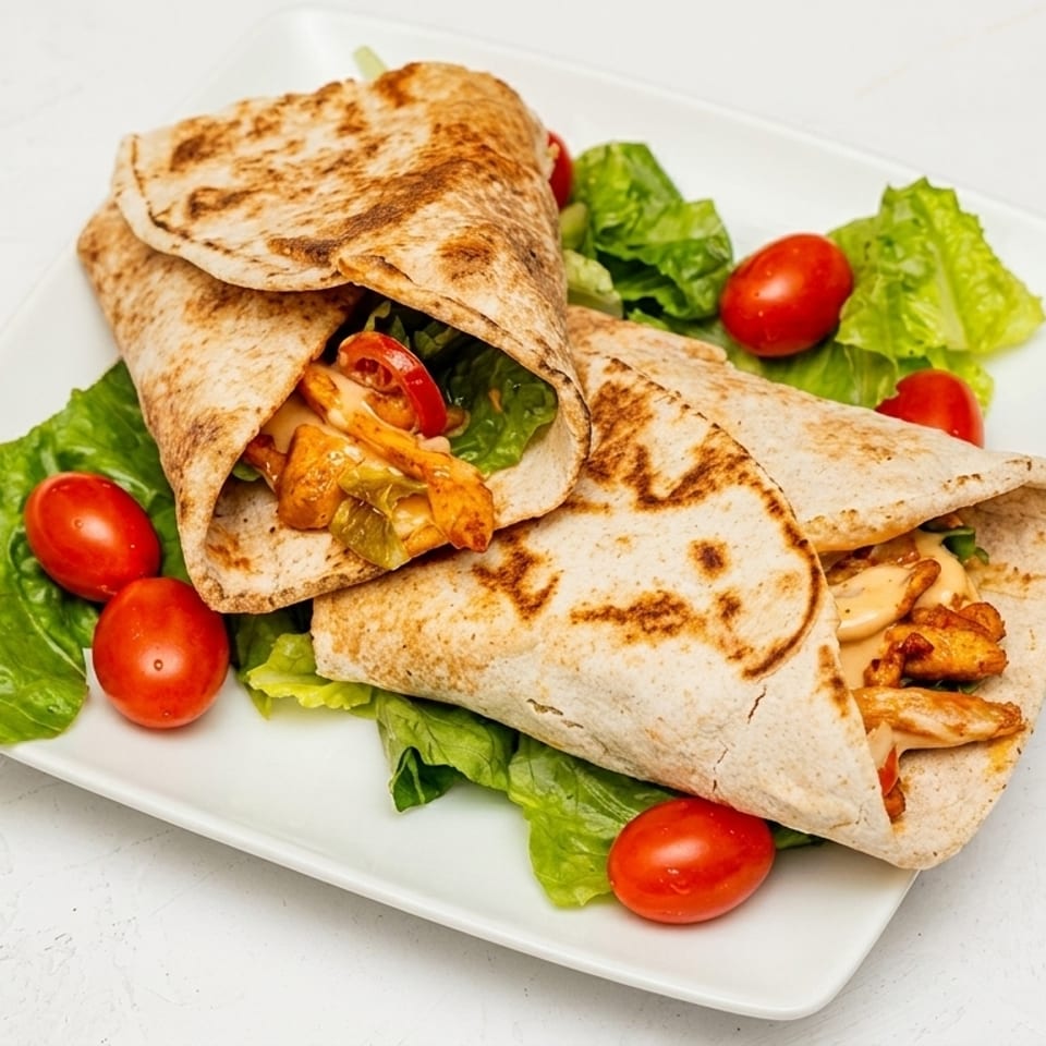 Two chicken wraps with lettuce and cherry tomatoes on a white rectangular plate.