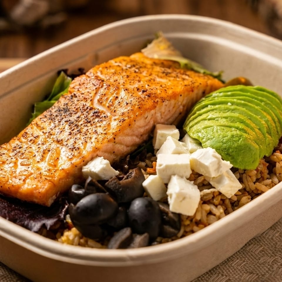 Salmon bowl with avocado, feta, olives, tomatoes, and rice in a compostable container.