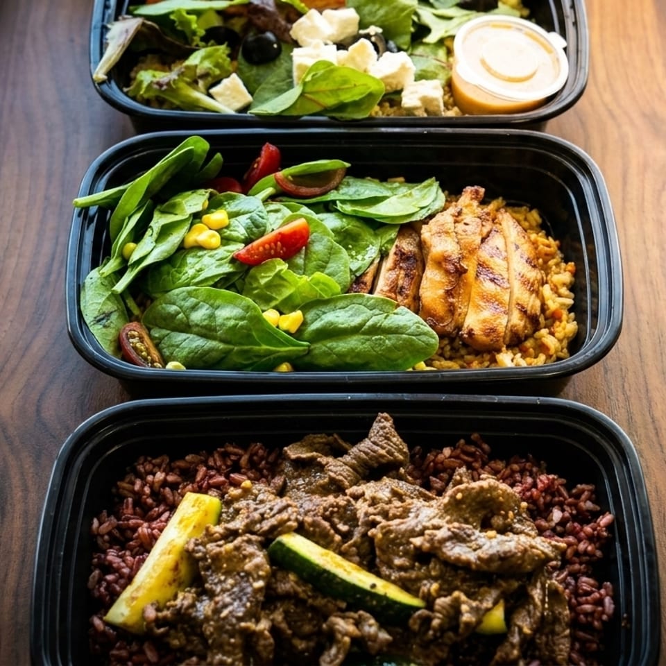 Three meal prep containers with salads, grilled chicken, beef, and rice on a wooden table.