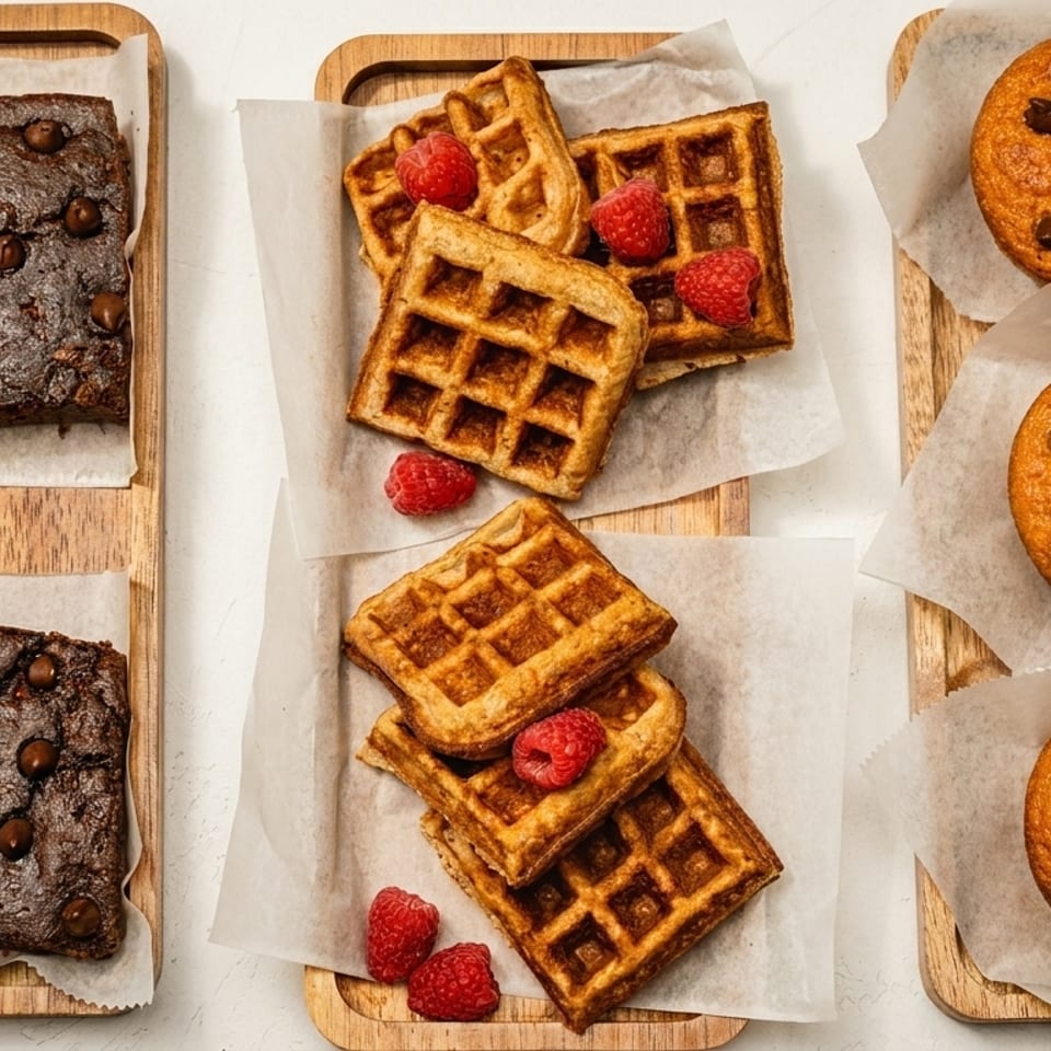 Three wooden trays with brownies, waffles with raspberries, and muffins with chocolate chips.